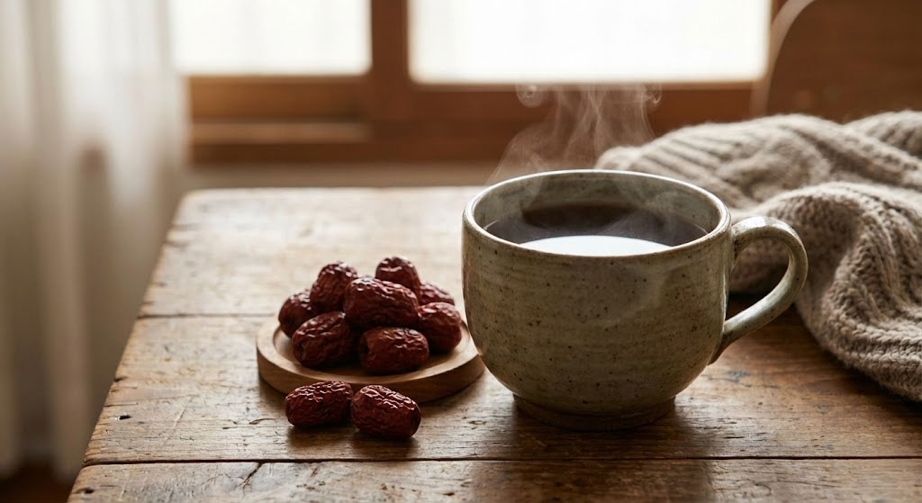A warm cup of herbal tea on a wooden table, symbolizing joint health and relaxation