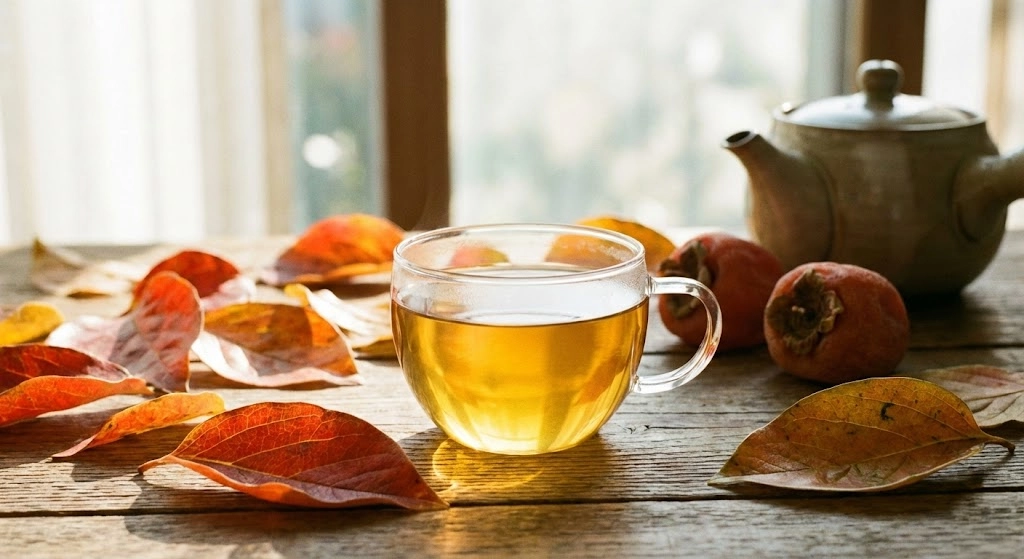 Warm persimmon leaf tea rich in Vitamin C for immune health
