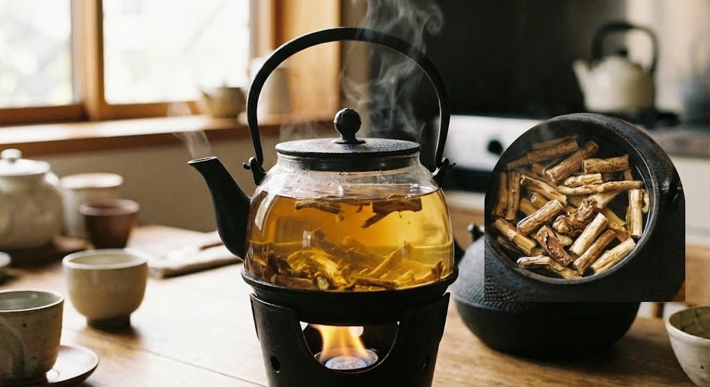 Freshly brewed Reed Root Tea (Lu Gen Tea) for hydration and lung health.